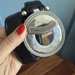 Vintage Black Leather Western Toggle Belt Silver Hammered Buckle Women's M/L